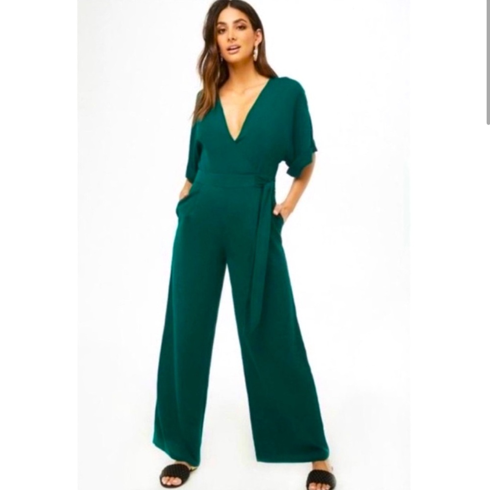 Forever21 Wide Leg emerald green wrap jumpsuit size S